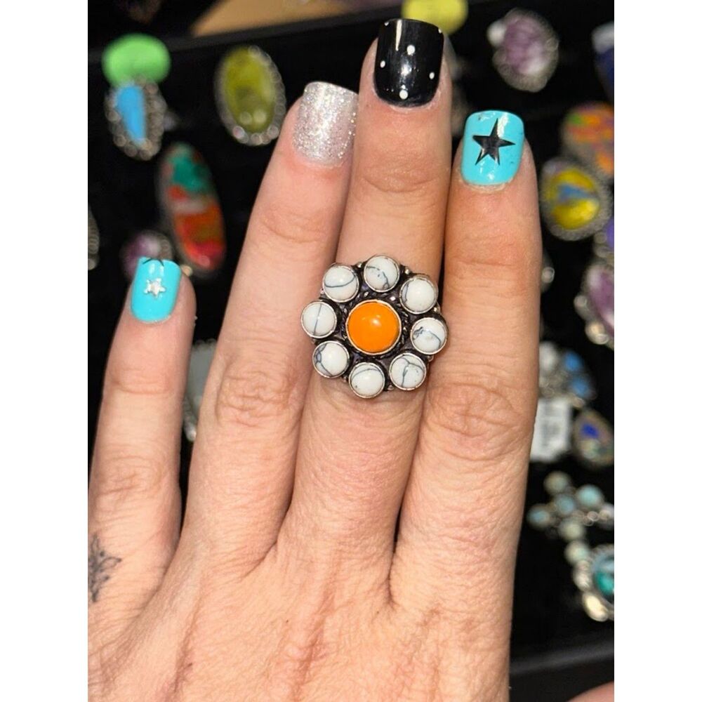 Orange & White Buffalo Flower Sterling Silver Overlay Ring Size 7